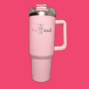 Pink Zebra 40 oz Stainless Steel Travel Tumbler Mug Handle Pink w/ Cracked Lid